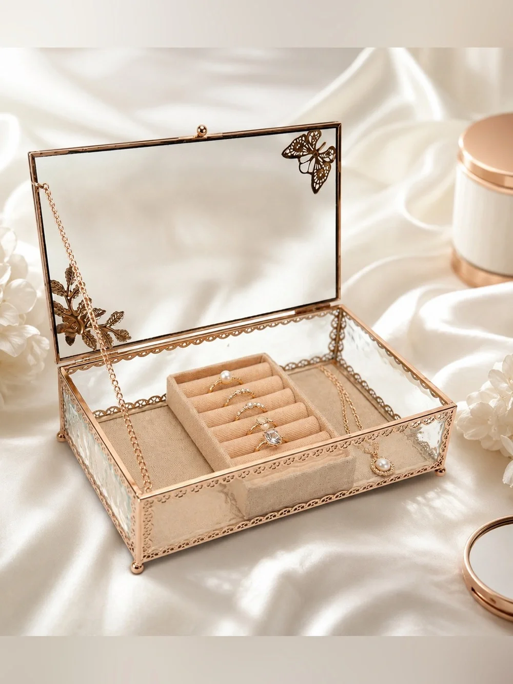 Rose Gold Glass Jewelry Box Butterfly Floral Design Ring Organizer Display Case